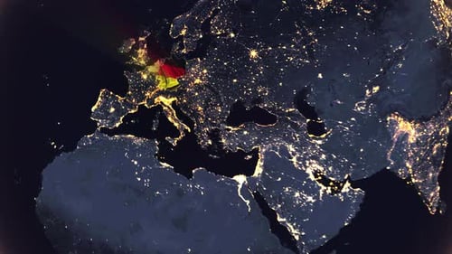 Realista bandera digital de órbita nocturna y zoom de la Tierra, brillante, incrustada en las fronteras de Alemania