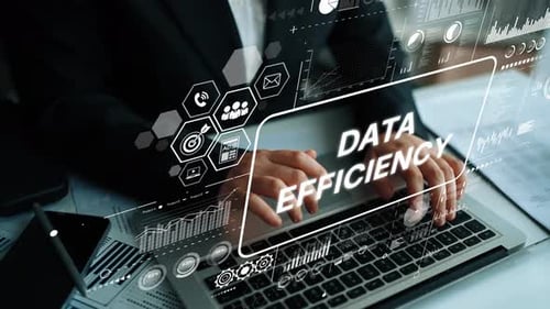 Data efficiency presentation with corporate woman using laptop