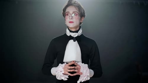 Actor in Costume with Stage Makeup Playing Role Waking Up Looking Around Talking with Curios Facial