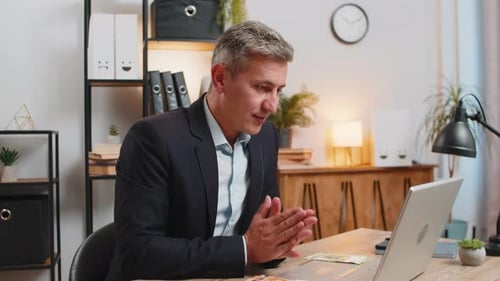 Upset Businessman Freelancer Counting Euro Cash Insufficient Amount of Money at Home Office Desk