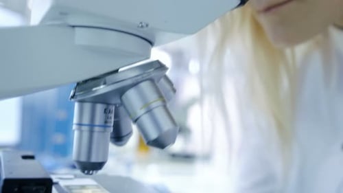 Close-up Shot of a Medical Research Scientist Looking Into Microscope. Laboratory is Modern and Bri