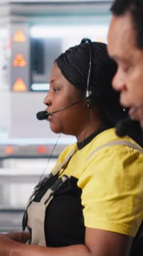 Vertical Video Engineer Provides Technical Support Via Headset in Solar Panel Factory