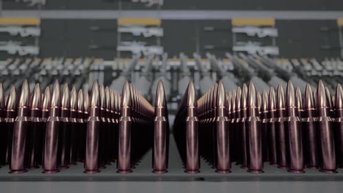 Rows of Military Ammunition and Rifles in an Armory