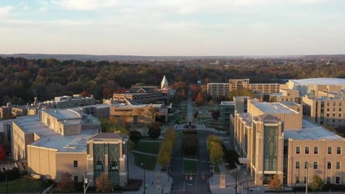 Aerial view of buildings on campus, United States.