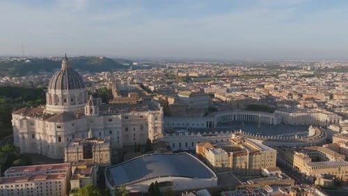 Static aerial footage of St. Peter's Basilica and the square in Rome, Italy.
