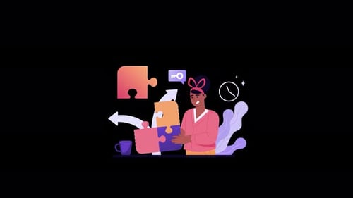 Illustration of a person assembling puzzle pieces with a clock and key.