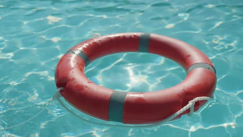 Un salvavidas flotando en una piscina soleada y reflectante