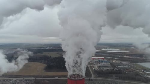 Thermal Power Energy Station View From Height to Pipes in Fog Steam and Smoke From Pipes