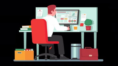 Man working on a computer in the office animation 4k with alpha channel