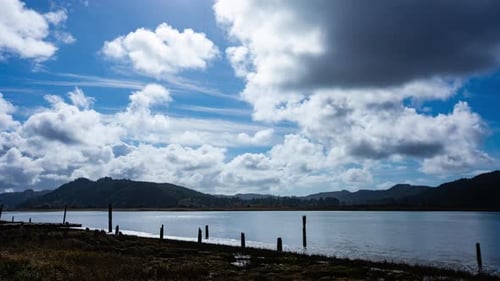Time Lapse - Panoramic view of tranquil lake with beautiful clouds