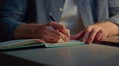 Man Hands Writing Notebook at Late Office Closeup Anonymous Guy Making Notes