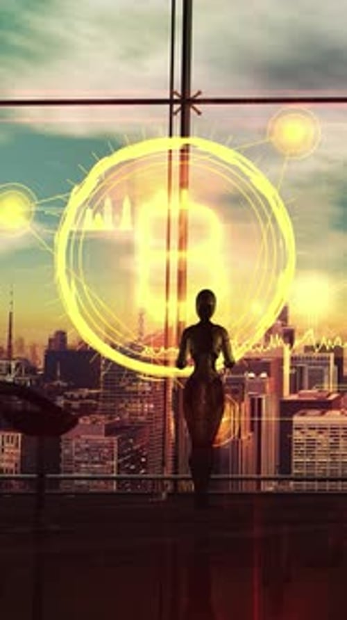 Futuristic City View with Holographic Bitcoin UI and Humanoid Figure