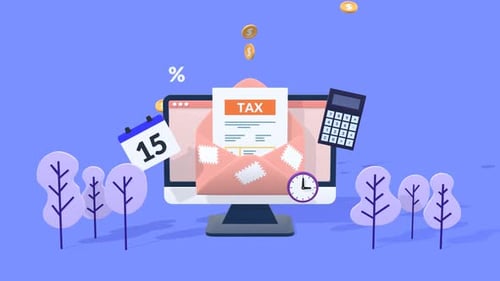 Animated Tax Form on Computer with Calculator and Calendar for Finance.