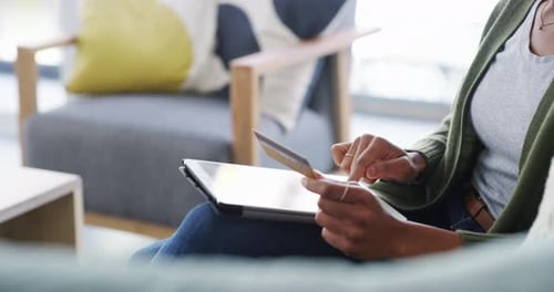 Credit card, excited woman and shopping on tablet, online shop or happy for loan