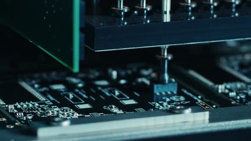 Close-up Macro Shot of Electronic Factory Machine at Work: Printed Circuit Board (PCB) Being Assemb