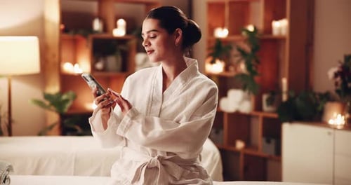 Woman, customer and happy at spa with selfie for social media, post and profile picture as lifestyle