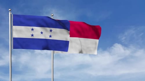Honduras and Indonesia Flags Waving in Wind with Blue Sky
