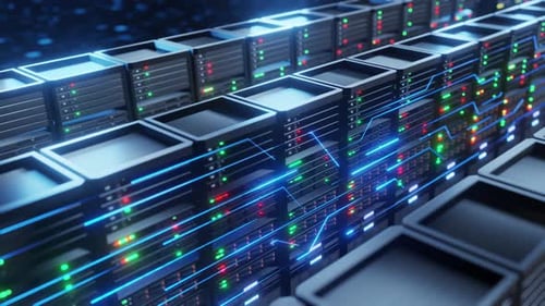 Futuristic Data Flow Animation in Server Racks