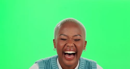 Face, black woman and funny joke on green screen with fashion isolated in studio for comedy and joy