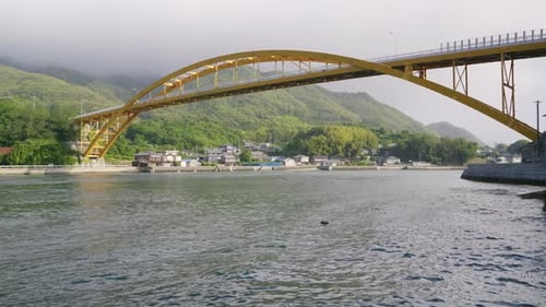 Bridge over Seto Inland sea islands with mountains