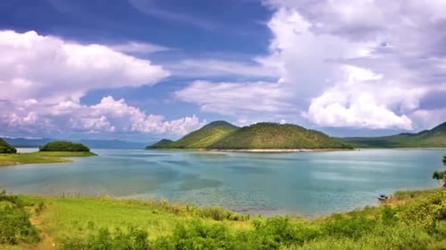 A Heavenly Perspective: Admiring a Majestic Lake and Island from Above 4K