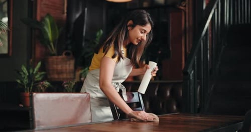 Woman, waiter and spray for cleaning table at cafe with cloth, smile and hygiene at restaurant