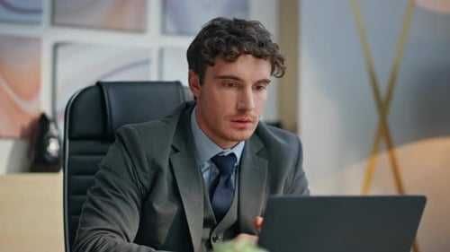Busy Worker Reading Documents Typing Laptop Agency Closeup Excited Man Winning