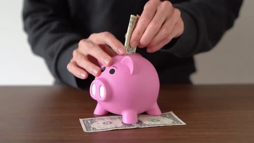 Person saving one dollar bill in a pink piggy bank. Concept of saving money for the future.