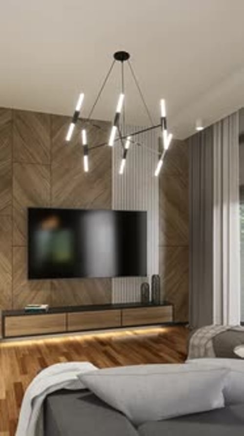 The interior of a studio apartment with an open space for a TV area, a dining room and a kitchen