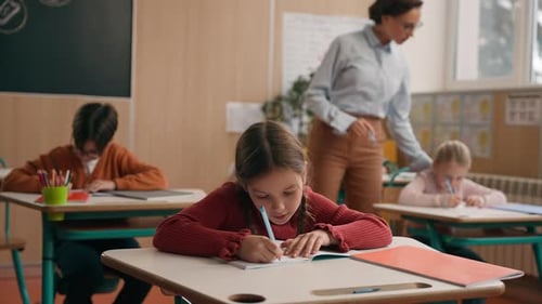 Female Teacher Woman Tutor at School Class Lesson Teach Children Walking Classroom Elementary