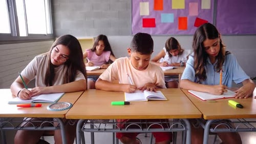 Front View of a Group of Multiracial Students Working Together in a Classroom
