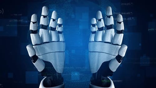 Hands of a Robotic Arm with Code in Background Representing Artificial Intelligence, Technology, and