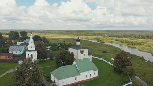 Village Landscape Three Different Churches in the Village and River