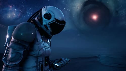 Astronaut Interacting with Holographic Device in Cosmic Space