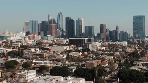 Los Angeles establishing shot, drone flying sideways, Skyscrapers in Background.