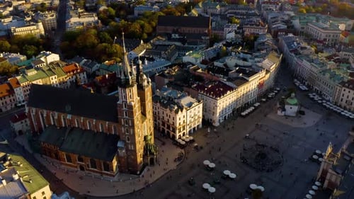 Aerial view of St Mary's Basilica (Mariacki Church) in the Old Town of Krakow