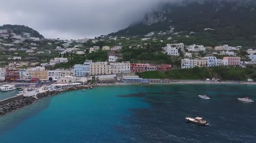 Aerial View of Capri Italy with Coastal Town and Harbor Scene