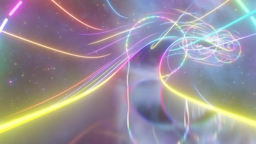 Survolez une route arc-en-ciel 3D dans l'espace extra-atmosphérique avec des reflets lumineux au néon