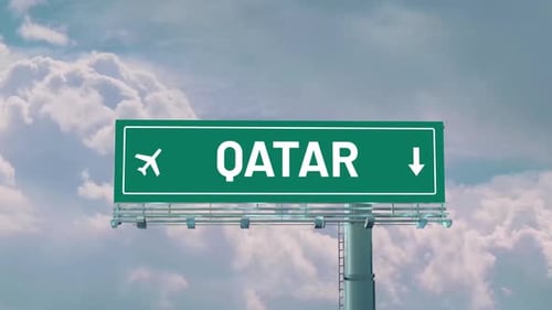 Airplane Arriving To Qatar Road Sign