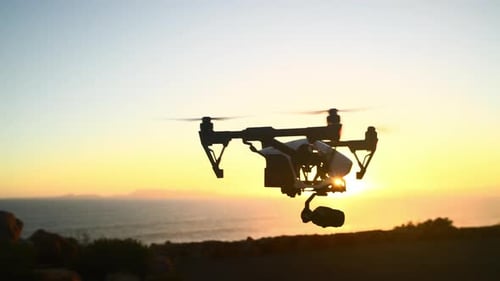 Drone, flare and videography on the ocean in the sky during summer for flight outdoor in nature