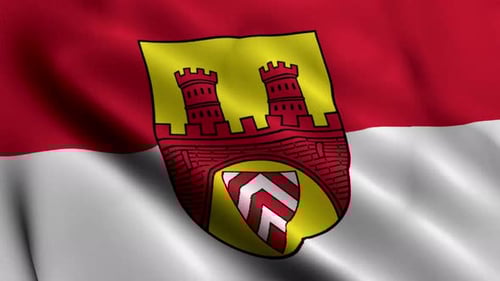 Waving Flag with Red and White Stripe and Castle Coat of Arms