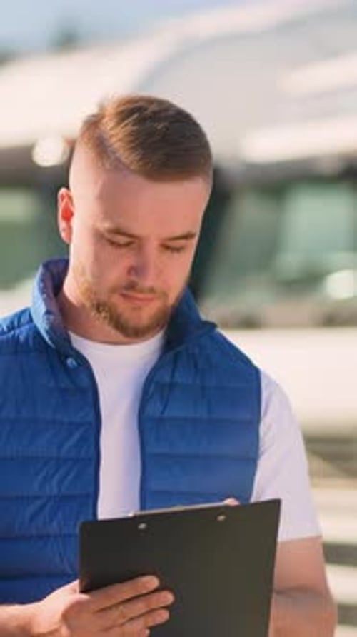 Young Adult Male Reads from Clipboard Outdoors