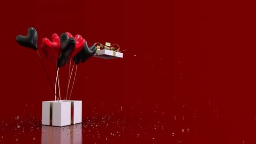 Elegant Gift Box Reveal with Heart Balloons and Confetti