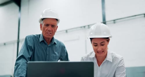 Laptop, conversation and manager with construction worker planning architecture for maintenance