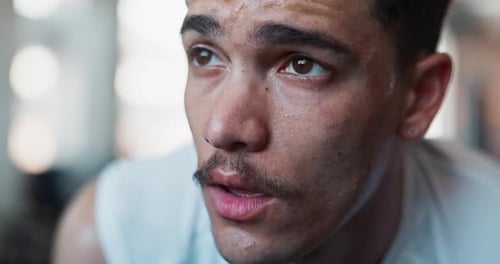 Man, fitness and sweat for fatigue, exercise and break with challenge, cardio and workout in gym