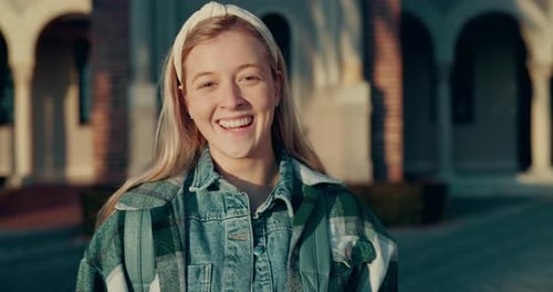 Happiness, student face and college woman for Knowledge, studying and back to school education