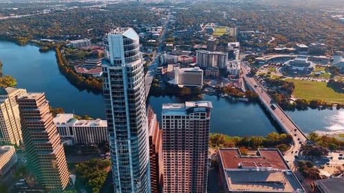 High-rise buildings at the waterfront of the Colorado River.