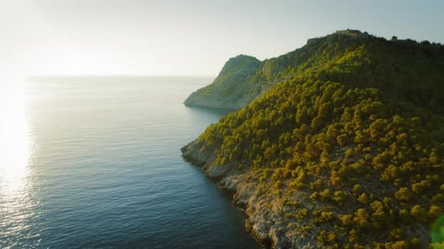 Floresta verde densa na península rochosa que se estende até o mar calmo no verão em Kefalonia
