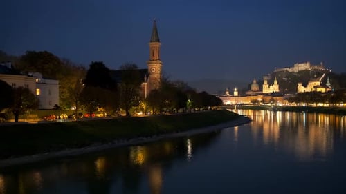 Salzburg City Night View Salzach River Waterfront with Promenade Salzburg Austria