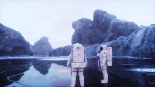 Astronauts Exploring an Alien Planet Landscape